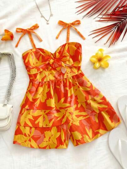 GlowEve CURVE Mono corto con estampado, de tiras finas, espalda descubierta y cintura ceñida, elegante y casual para vacaciones en la playa