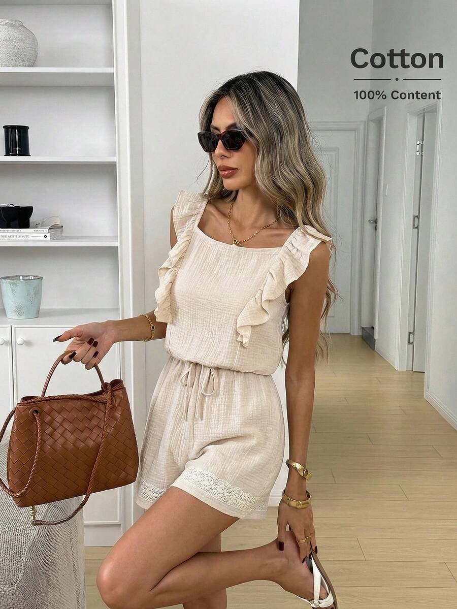 Easowa 100% Cotton Casual Jumpsuit With Square Neck, Cap Sleeve, Suspender, Textured Crepe Fabric, Relaxed & Elegant Commuting Style, Suitable For Spring/Summer - Apricot - View 1