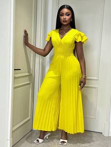 Xyvia 女士优雅精致V领无袖收腰褶裥连体裤 - 黃色 - 查看 6