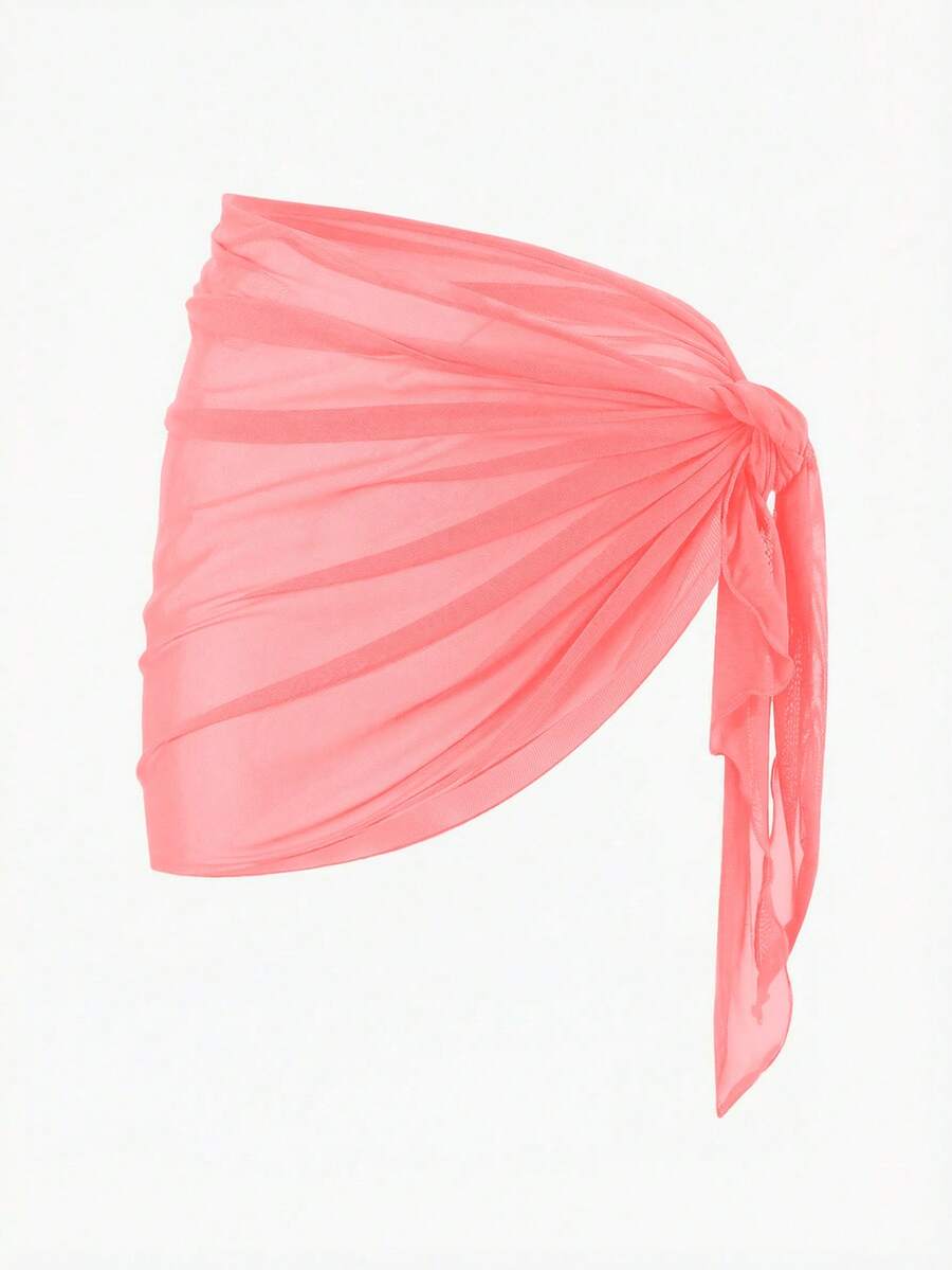 Swim Basics 女士纯色侧系带裹身罩衫及半身裙套装，度假装 - 西瓜粉 - 查看 1