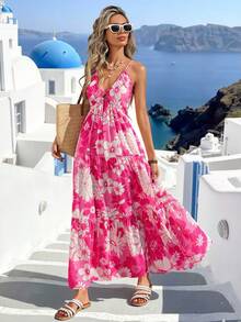 Vivid Eden 女士印花荷叶边下摆吊带长裙 - 玫紅色 - 查看 1