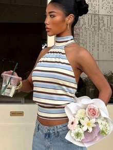 Muchica Áo hai dây dệt kim cổ cao có khóa kéo, kẻ sọc, kiểu dáng thể thao mùa hè dành cho nữ, không tay, tối giản, thoải mái, đa năng cho việc đi lại hàng ngày. - Nhiều màu - Xem 4