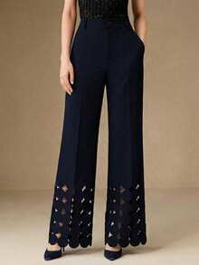 Anewsta 优雅女士办公室及派对不对称圆形贴布刺绣高腰黑色直筒裤 - 藏蓝色 - 查看 3