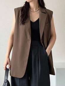 DAZY 女士前扣无袖口袋纯色休闲马甲 女士西装外套 秋冬商务装 - 棕色 - 查看 4