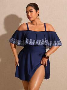 Elaquor Vestido de traje de baño con estampado floral y hombros descubiertos para mujer de talla grande - Azul Marino - Ver 8