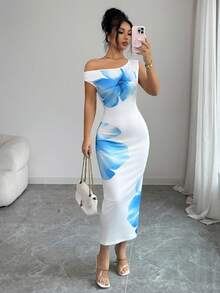 Lyxana Vestido de verano de moda para mujer, vestido ajustado con hombros descubiertos y estampado floral azul francés - Multicolor - Ver 2