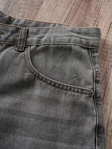 Manfinity Joysei 男士直筒刺绣牛仔短裤 - 淺灰色 - 查看 3