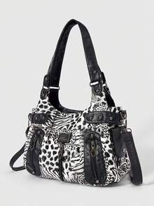 ROMWE Grunge Punk Fashion Leopard Print Hottie Bag Casual Women's Bag Women's Shoulder Bag Retro Tote Bag Commuter Women's Bag Punk Locomotive Women's Bag - Black and White - View 2