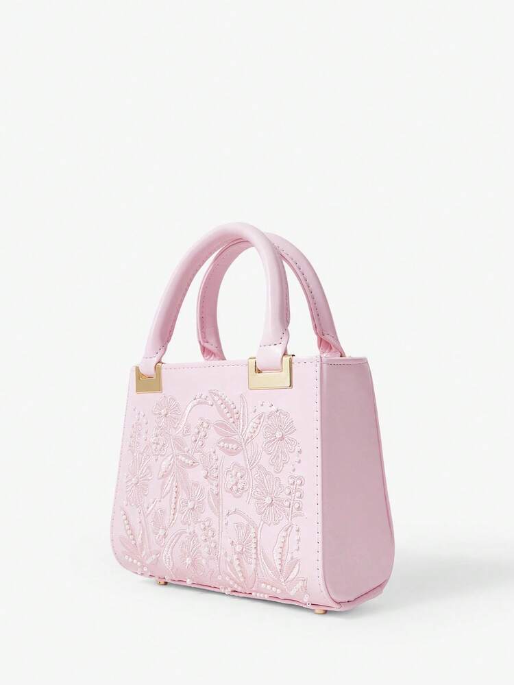 SHEIN Maija Bolsas de Alça Superior para Mulheres, Couro Sintético, Rosa, Bordado, Contas, Elegante, Simples, Personalizada, Versátil, Clássica, para Festa, Casamento, Encontro, Aniversário, Noite, Banquete