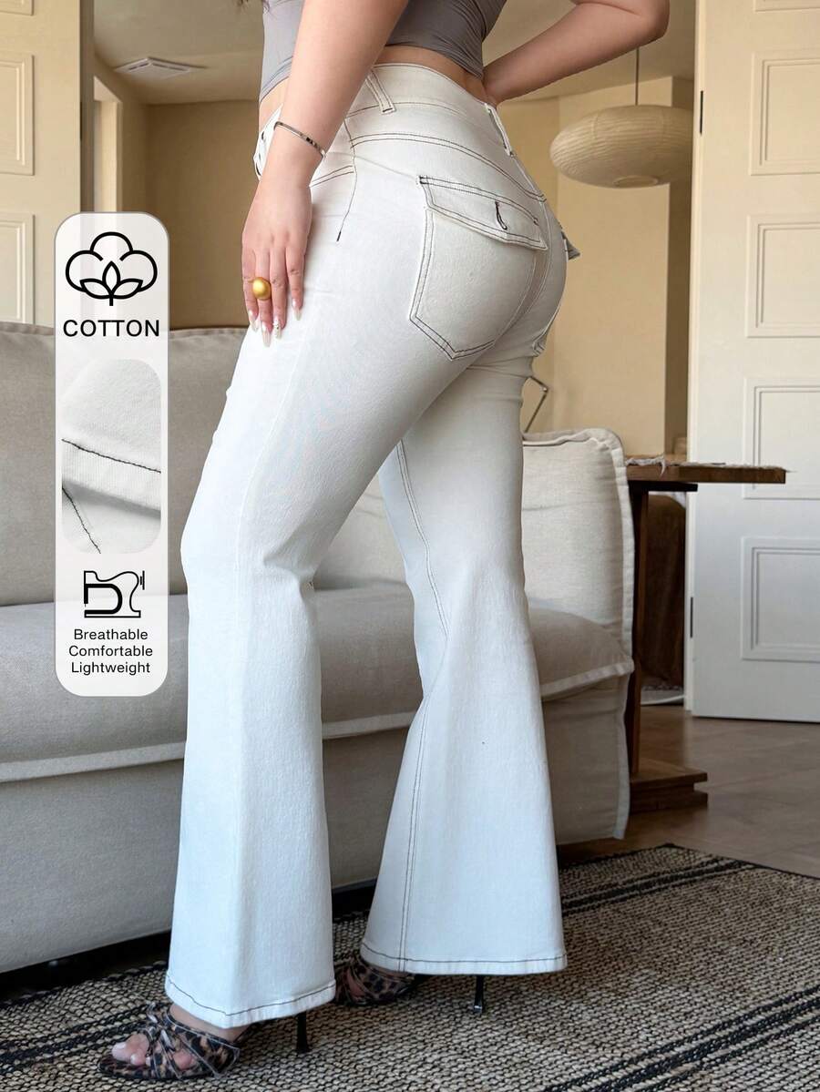 Dazy Plus Stretchy Skinny Long Casual Versatile Flare White Jeans, All Season - White - View 1