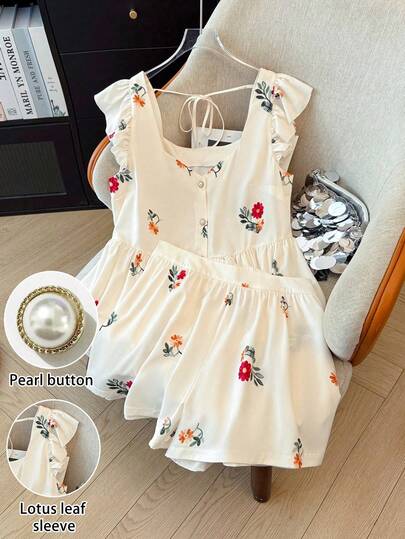 GlowEve CURVE Plus Size Women's 2-Piece Set: Floral Print Square Neck Cardigan With Button, Puff Sleeve, Tie-Waist And Short Pants, Casual Vacation Wear For Spring/Summer Prespringdresses