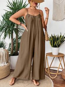 SHEIN Clasi Plus Size Solid Color Minimalist Casual Camisole & Straight Leg Pants Fall - Khaki - View 3