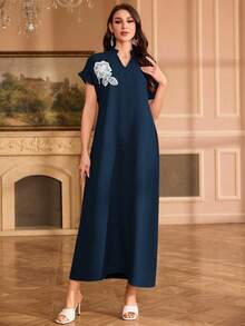 Al Najma Đầm thanh lịch cổ tàu thêu hoa tay raglan - Màu xanh hải quân - Xem 4