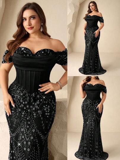 Coutiva Đầm satin đính cườm và sequin cỡ lớn, thanh lịch, kiểu dáng trễ vai, hở lưng, lệch vai, dáng đuôi cá. Thích hợp cho các sự kiện trang trọng buổi tối, đám cưới, lễ tốt nghiệp và các bữa tiệc.