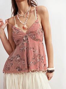 Bohemela Women's Summer Casual Sequin Embroidery Pendant Decor Camisole - Coffee Brown - View 5