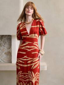 Arave Women's V-Neck Petal Sleeve Waist Cinched A-Line Floral Print Elegant Date Dress - Red - View 7