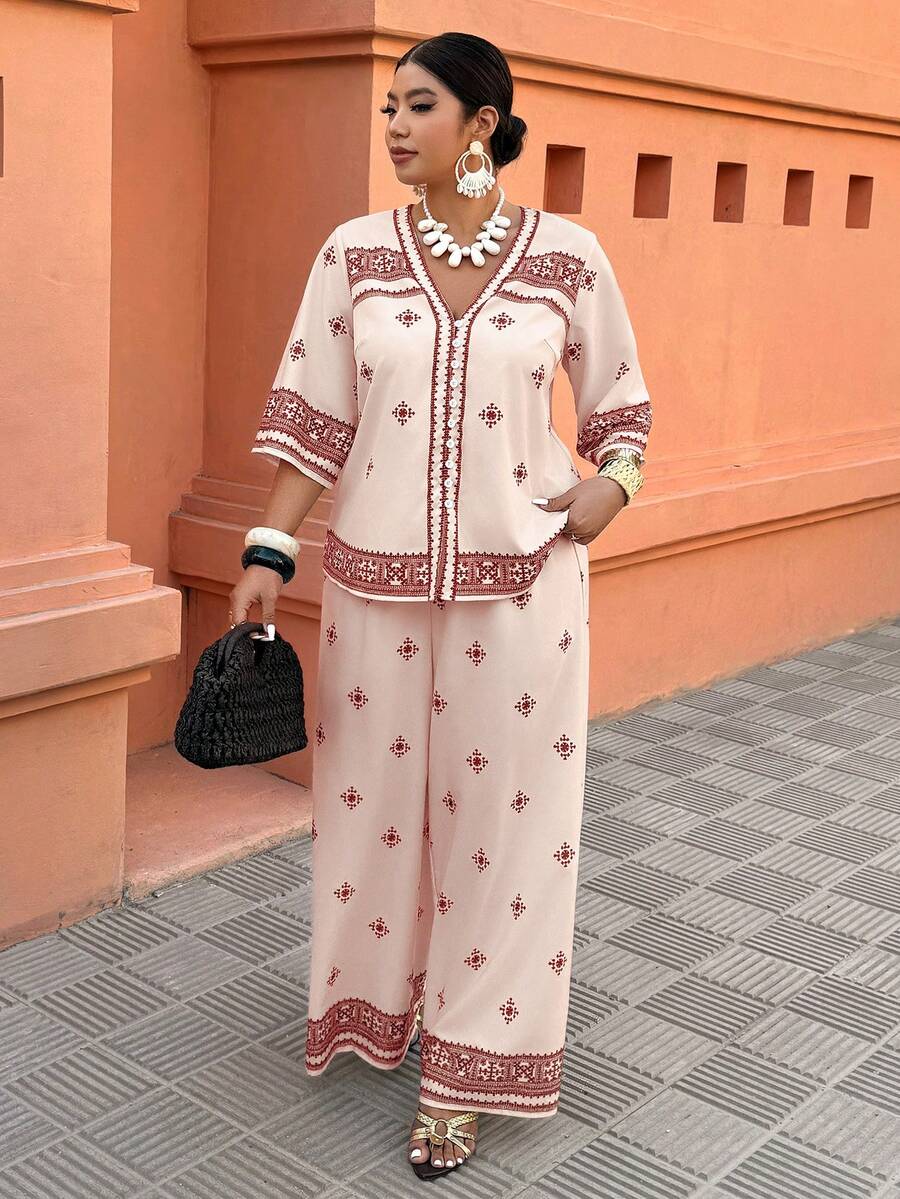 Breezaya Plus Size Women's Casual Cardigan And Straight Leg Pants Two Pieces Set, Spring/Summer - Multicolor - View 1