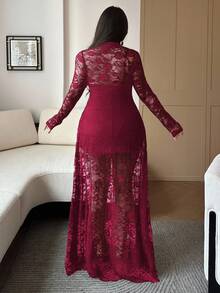 Vibekara Plus Size Women's V-Neck Long Sleeve Lace Patchwork Hollow Out Mermaid Hem Elegant Vintage Cute Sexy Slim Dress - Burgundy - View 2