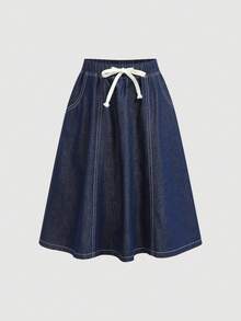 SHEIN 少女时尚休闲 Y2K 复古酷炫街头深蓝色牛仔抽绳弹力腰设计宽松舒适牛仔裙，春夏狂欢节和街头服饰新款 SS26 时尚 - 藍色 - 查看 1