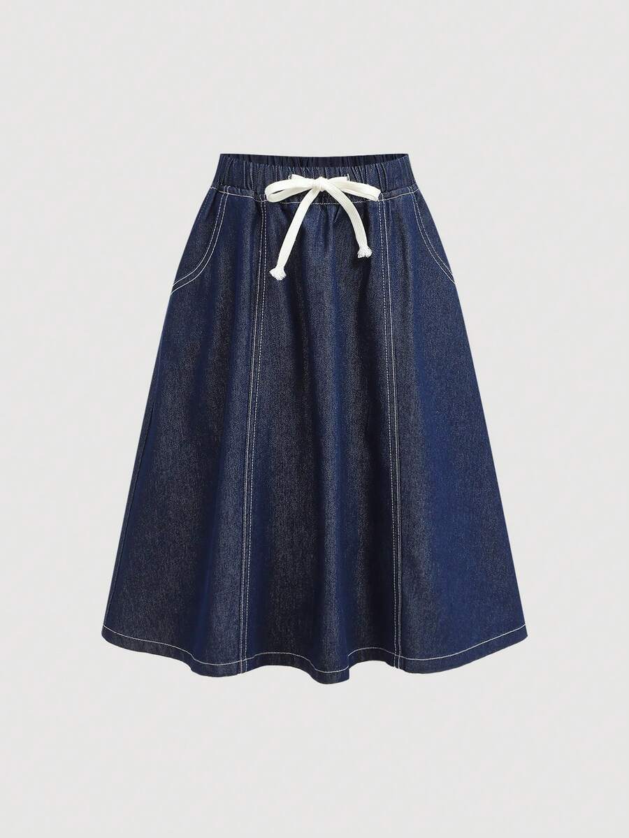 SHEIN 少女时尚休闲 Y2K 复古酷炫街头深蓝色牛仔抽绳弹力腰设计宽松舒适牛仔裙，春夏狂欢节和街头服饰新款 SS26 时尚 - 藍色 - 查看 1