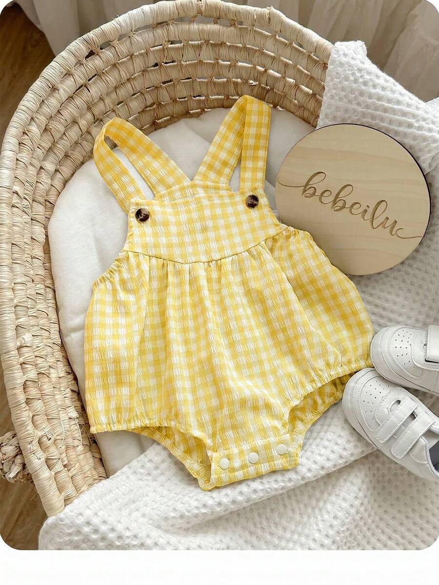 Green & White Plaid Casual Overalls For Baby Boys & Girls,Kids - Yellow - View 1