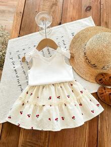 SHEIN LMoss Kids LMoss 女婴针织纯色吊带背心 + 印花雪纺迷你裙两件套 女婴罗纹上衣 女婴夏季裙装套装 女婴裙装套装 樱桃印花裙 女婴夏季服装 女婴春季服装 夏季套装 - 彩色 - 查看 5