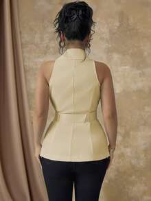 Roveilla Plus Size Sleeveless Beige Shirt Blouse With Lapel And Cinched Waist Waist, Elegant Summer Mal Wedding Guest Work Business Casual Women Tops Office Outfits - Camel - View 2