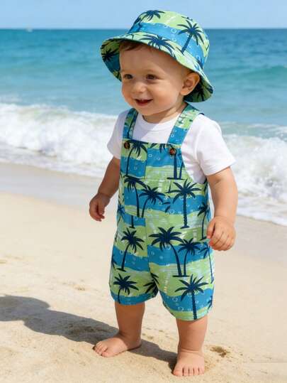 Playful Pals Pelele informal de verano con estampado de palmeras y gorro para bebé niño