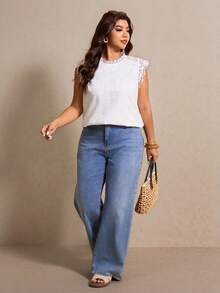 Elaquor 大码刺绣无袖衬衫，优雅可爱刺绣上衣，白色刺绣上衣，全刺绣衬衫，度假衬衫 - 白色 - 查看 4