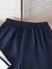 2pcs/Set Tween Girl Stylish Blue Striped Bow Sleeveless Top And Loose Straight Leg Pants Set, Casual Outfit For Spring/Summer - Navy Blue - View 4