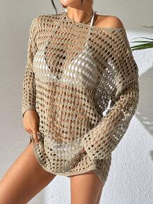 SHEIN Swim 女士纯色极简日常镂空度假风罩衫 - 駝色 - 查看 6