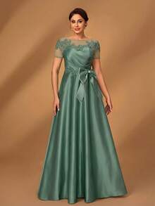 Serin 优雅奢华浪漫浅绿色网纱拼接缎面褶皱奢华串珠贴花短袖蝴蝶结A字裙摆连衣裙，适合晚宴、单身派对、约会、度假、舞会、音乐节、婚礼、新娘母亲礼服 - 綠色 - 查看 6