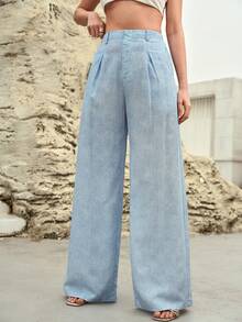 MOTF PREMIUM WOMEN'S LINEN BLEND DENIM EFFECT PRINT PLEATED WIDE LEG SUIT PANTS - Light Wash - View 6