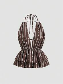 SHEIN Sweetro Canotta donna vintage ricamata color cachi, blusa aderente con vita svasata, maniche corte, adatta per primavera/estate - Caffè Marrone - Visualizzare 1