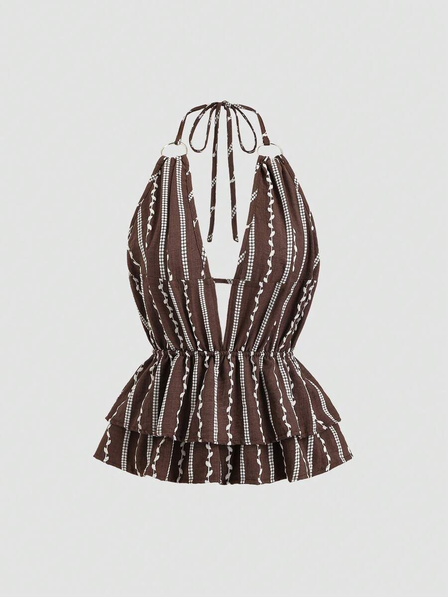SHEIN Sweetro Canotta donna vintage ricamata color cachi, blusa aderente con vita svasata, maniche corte, adatta per primavera/estate - Caffè Marrone - Visualizzare 1