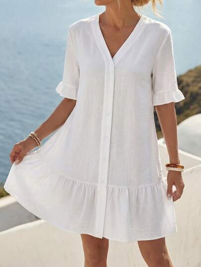 EMERY ROSE Flounce Sleeve Ruffle Hem Button Front Kimono Summer