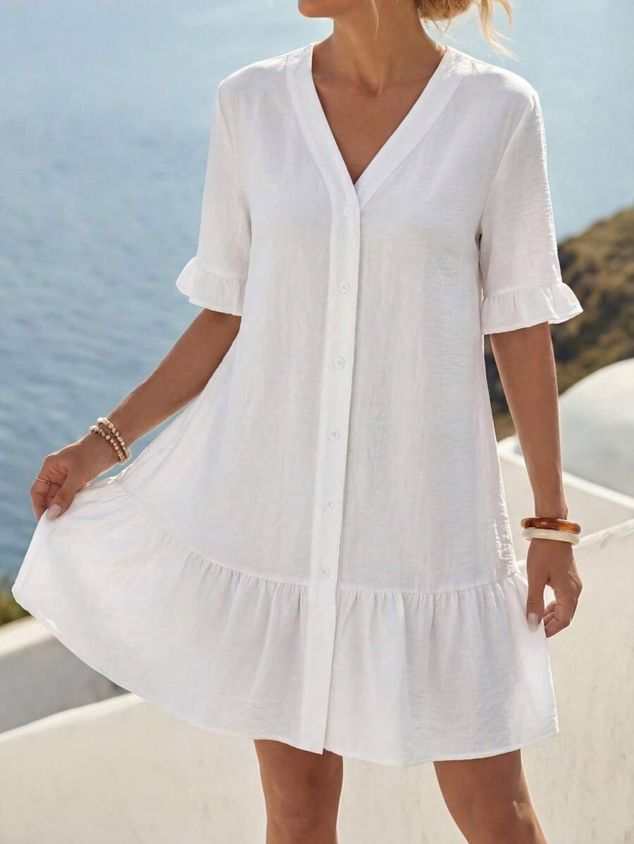 EMERY ROSE Flounce Sleeve Ruffle Hem Button Front Kimono Summer - White - View 1