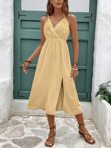 SHEIN Frenchy Vestido camisero midi elegante de mujer con diseño de cintura ceñida, escote en V y abertura lateral, para fiesta - Amarillo claro - Ver 6