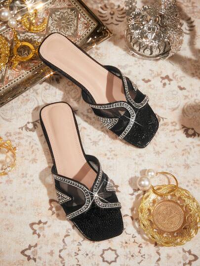 CUCCOO TILAWA Shiny Rhinestone Women's Flat Sandals With A Luxurious Style, Outdoor Vacation Style, Crown Rhinestone Women's Casual Commuting Flat Sandals Valentine's Day Summer Shoes
