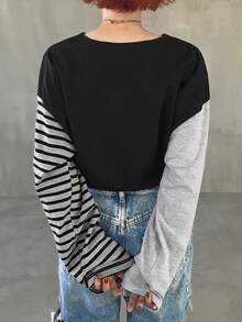 FRIFUL Women's Striped Patchwork Round Neck Loose Casual Long Sleeve T-Shirt Summer - Black - View 2