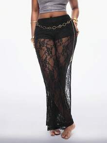 Coolane Women's Summer Going Out Chic Vacation Outfits Beach Outfits Lace Stretchy Comfortable Black Flare Pants - Black - View 5