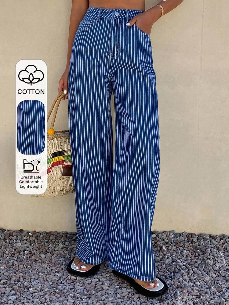 Casual Washed Striped Wide-Leg Women's Jeans