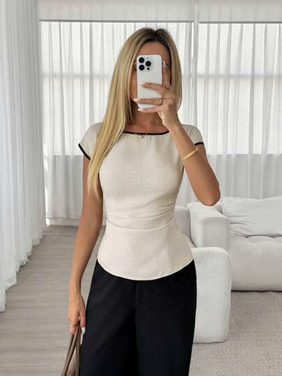 Easowa Round Neck Contrast Trim Dropped Shoulder Tie Back Bow Waist A-Line Fitted Casual Relaxed Elegant Commute Vintage Resort Spring Summer Women Blouse