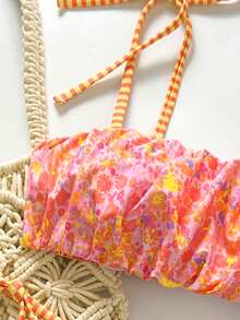 Swim Mod Women's Swimwear Set, Floral Striped Tie-Front, 2 Pieces Summer Holiday Beach Outfit - Multicolor - View 3