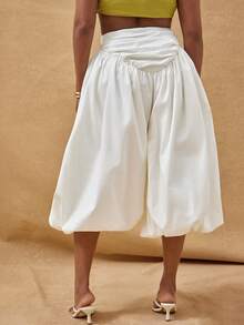 Quần culotte denim ống rộng cạp trễ xếp ly - trắng - Xem 4