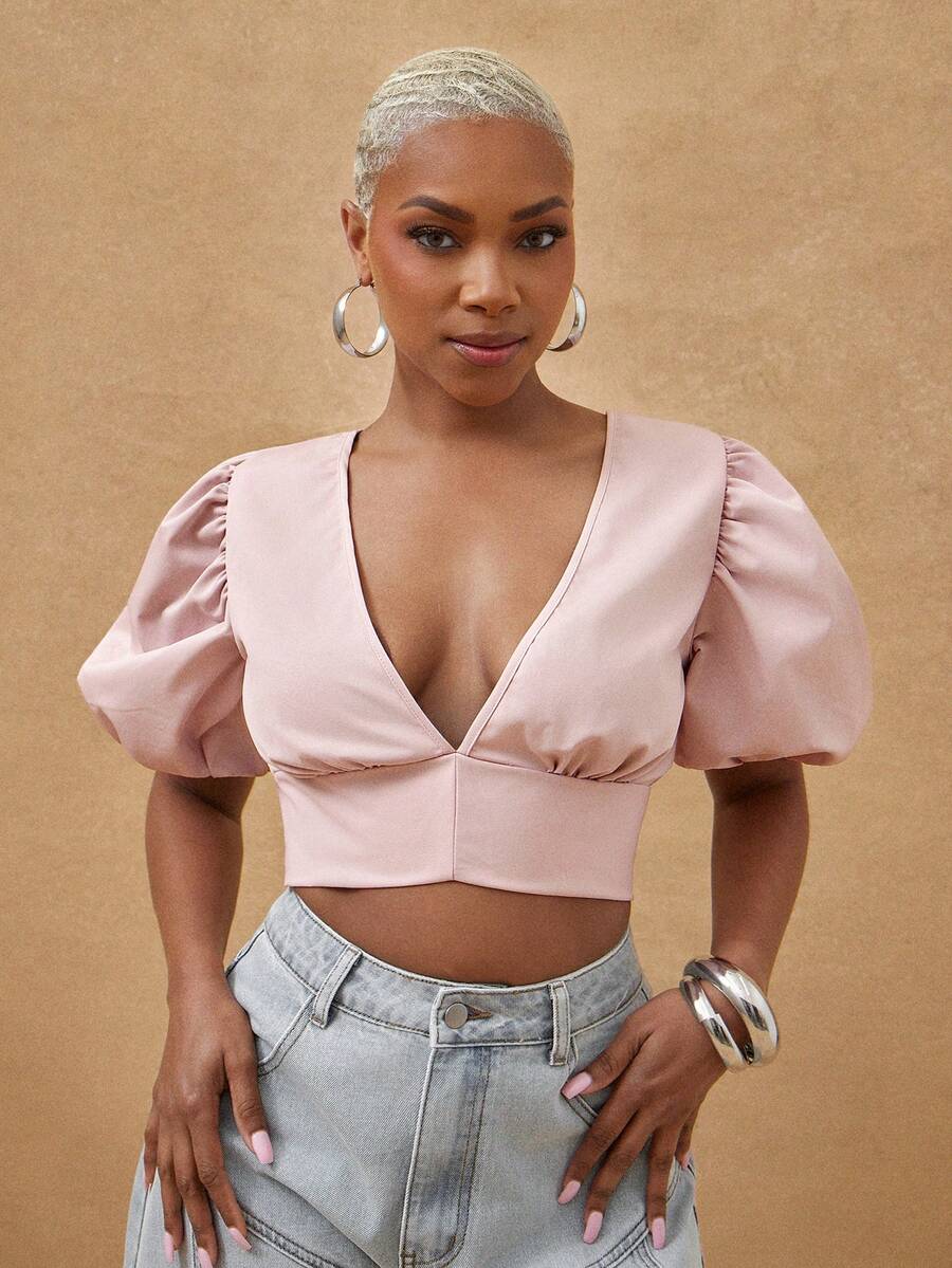 Vixey Solid Twill Quarter Length Petal Sleeve Self Tie Open Back Blouse - Dusty Pink - View 1