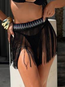 Swim SXY 女士皮革吊带提花流苏性感沙滩纱笼裙 - 黑色 - 查看 4