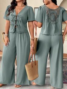 SHEIN LUNE Plus Size Casual Solid Color Tie Front Top And Pants 2 Pieces Set - Mint Blue - View 1