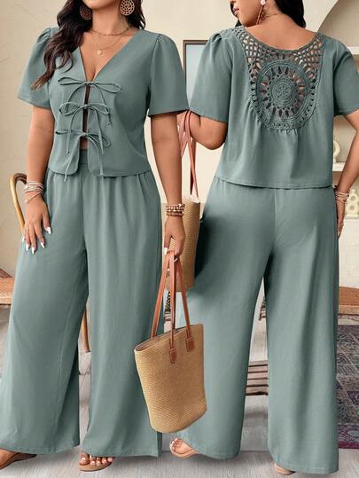 Weeklong Conjunto de 2 piezas de talla grande con top con nudo delantero y pantalones de unicolor casual