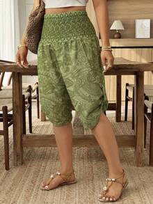 Weeklong Pantalones estampados con diseño de hebilla de cintura suelta para vacaciones, talla grande, primavera/verano - Verde - Ver 1